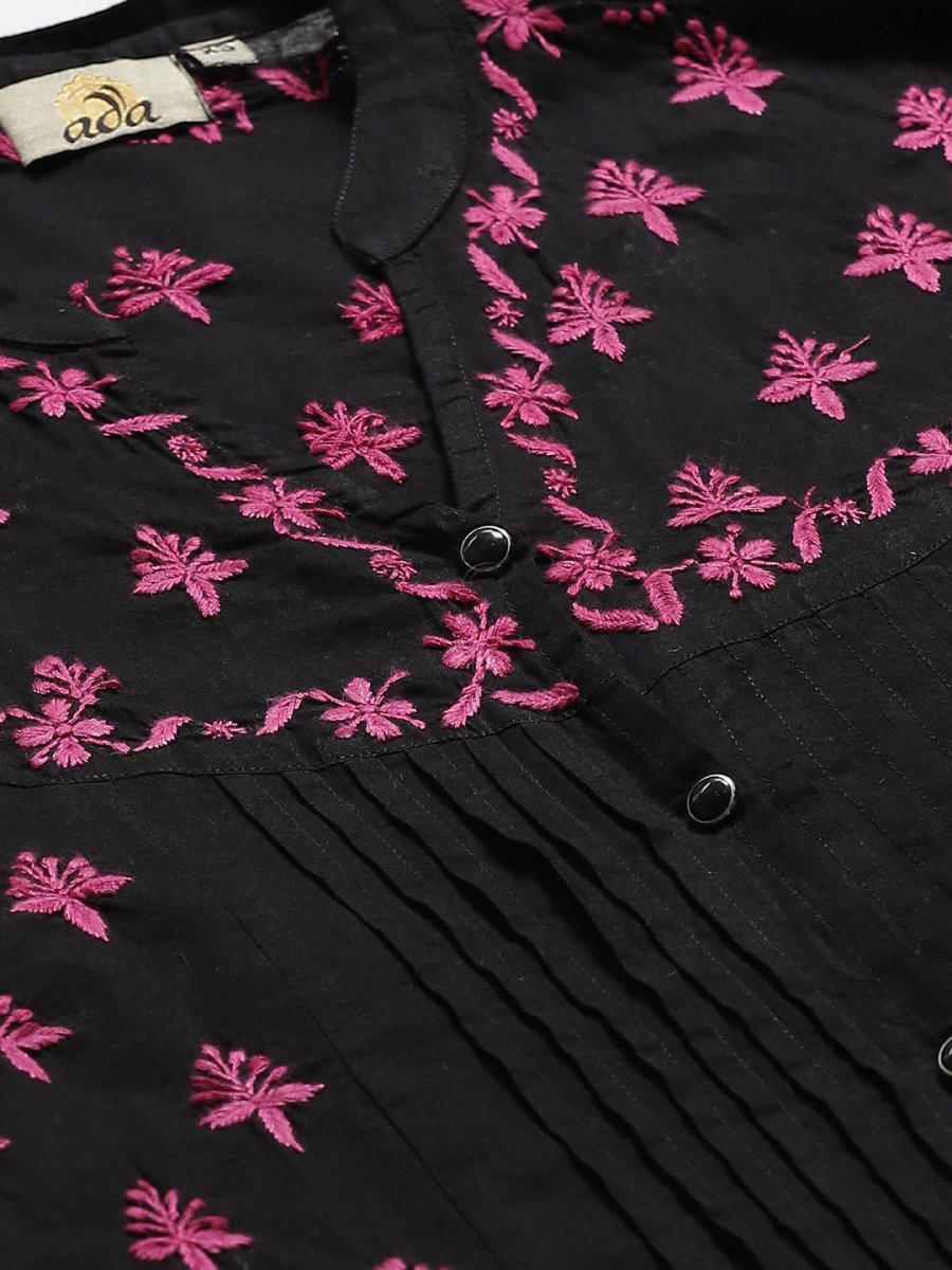 ADA Women Black & Pink Chikankari Hand Embroidered Sustainable Handloom Kurta with Trousers - Distacart