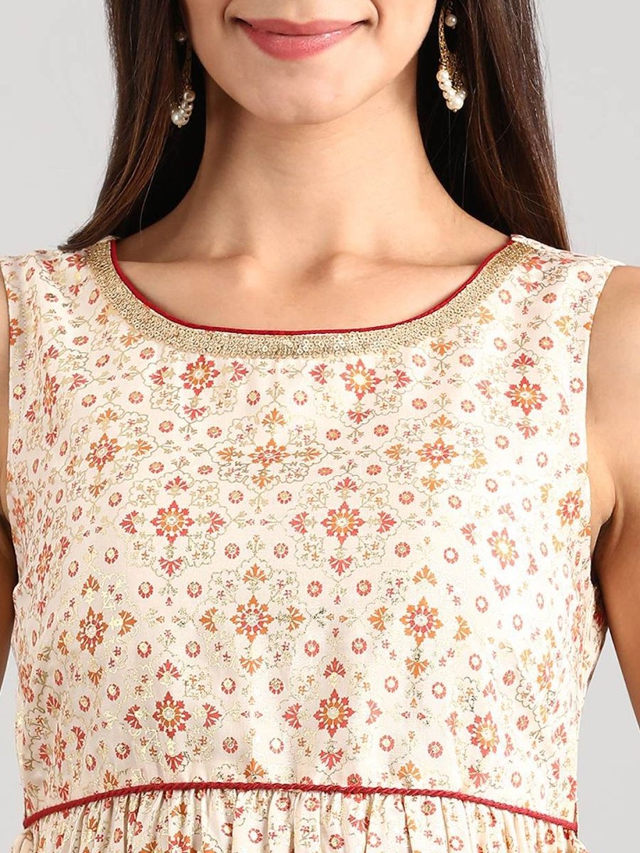 AURELIA Women Off-White & Rust Orange Side Flap Detail Printed Empire Dress - Distacart