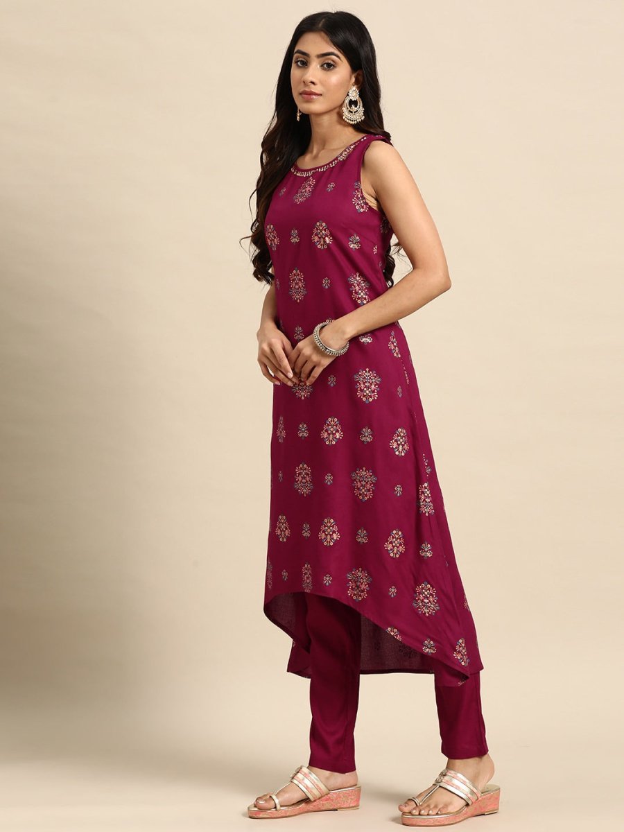 All About You Ethnic Motifs Printed Sequinned Kurta with Trousers - Distacart