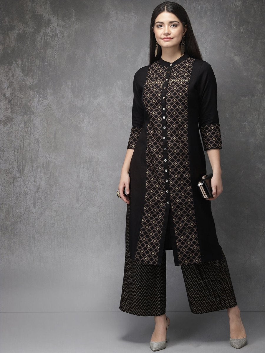 Anouk Women Black & Gold-Toned Printed Kurta with Palazzos - Distacart