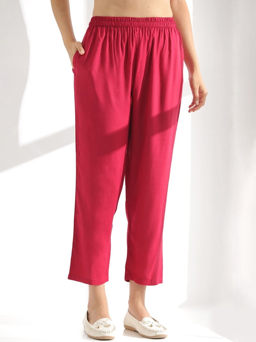 Anouk Fuchsia Floral Yoke Design Thread Work Detailed Straight Kurta With Trouser