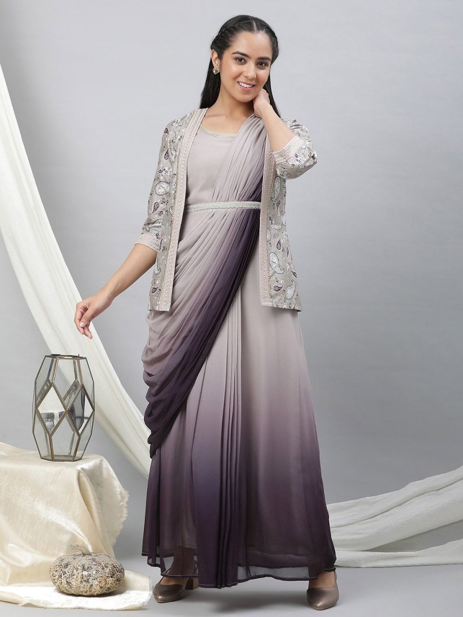 AURELIA Tie and Dye Maxi Fit and Flare Ethnic Dress With Jacket