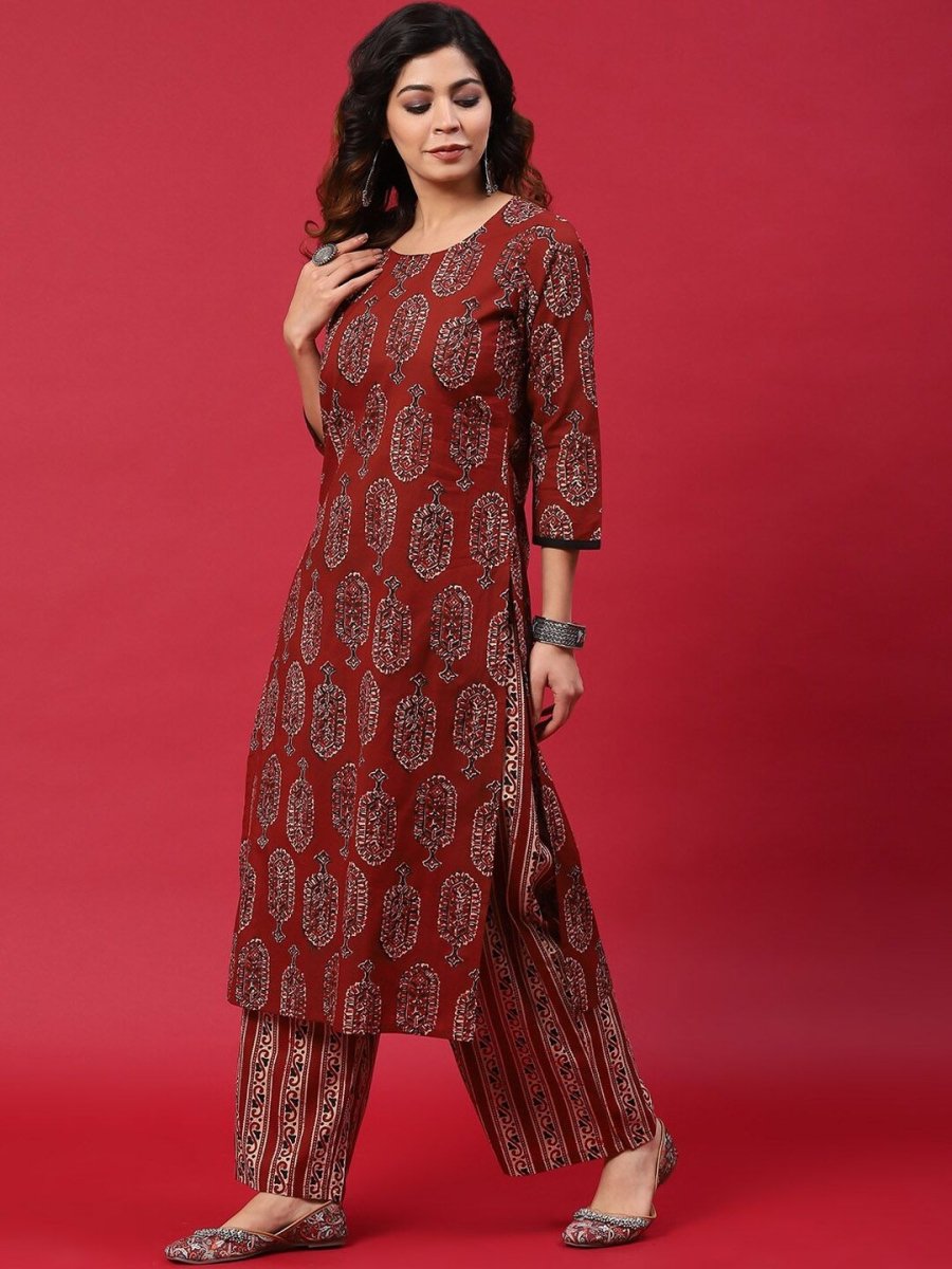 Anouk Maroon Ethnic Motifs Printed Pure Cotton Kurta with Palazzos