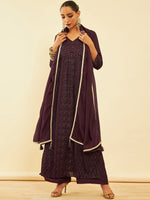 Thumbnail for Soch Floral Embroidered Sequinned Kurta With Palazzos & Dupatta - Distacart
