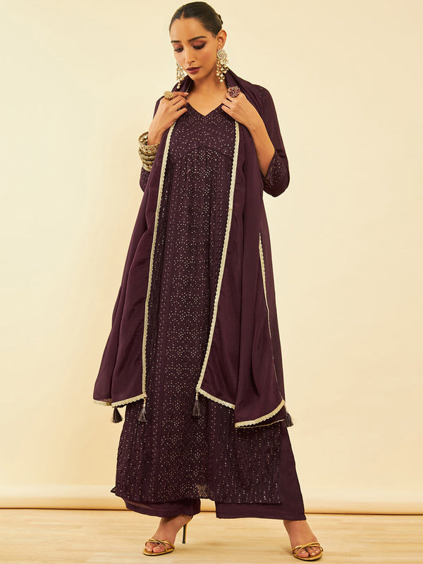 Soch Floral Embroidered Sequinned Kurta With Palazzos & Dupatta - Distacart