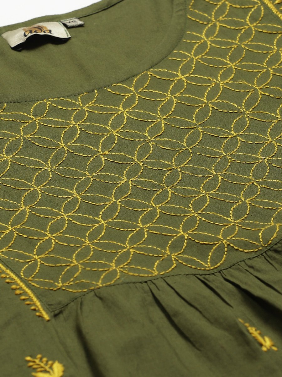 ADA Women Green & Yellow Chikankari Embroidered Sustainable Handloom Kurta with Trousers - Distacart