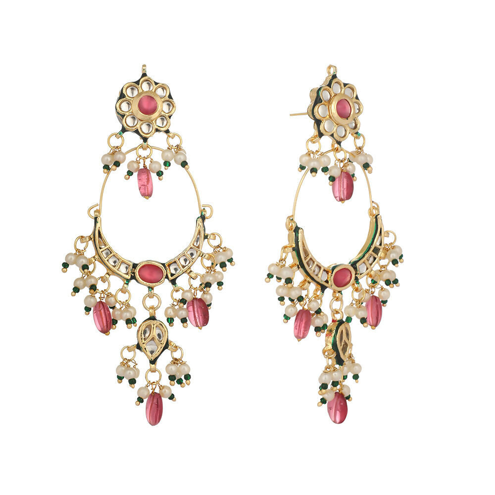 Nuyug 22K Gold Plated Crescent Kundan Drop Pink Stone Chandbali Earrings