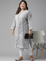 Thumbnail for ADA Women Plus Size Grey Floral Embroidered Chikankari Kurta - Distacart