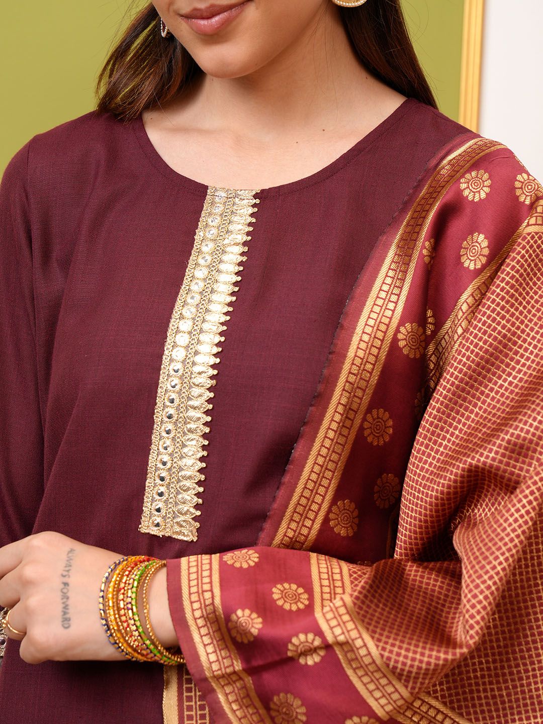 Vishudh Burgundy Yoke Design Thread Work Straight Kurta & Palazzos With Dupatta - Distacart