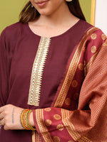 Thumbnail for Vishudh Burgundy Yoke Design Thread Work Straight Kurta & Palazzos With Dupatta