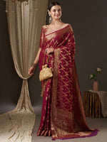 Thumbnail for Anouk Burgundy & Gold-Toned Woven Design Zari Pure Georgette Kanjeevaram Saree - Distacart