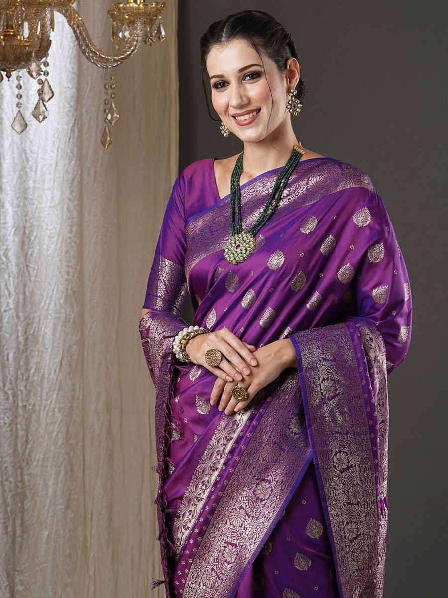Anouk Purple & Gold-Toned Ethnic Motifs Woven Design Zari Banarasi Saree - Distacart