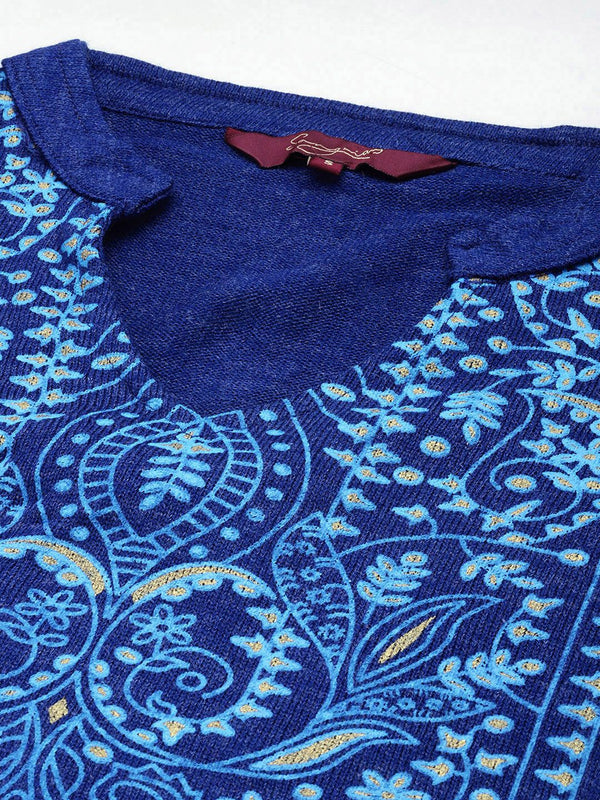 Sangria Floral Printed Mandarin Collar Kurta with Trousers