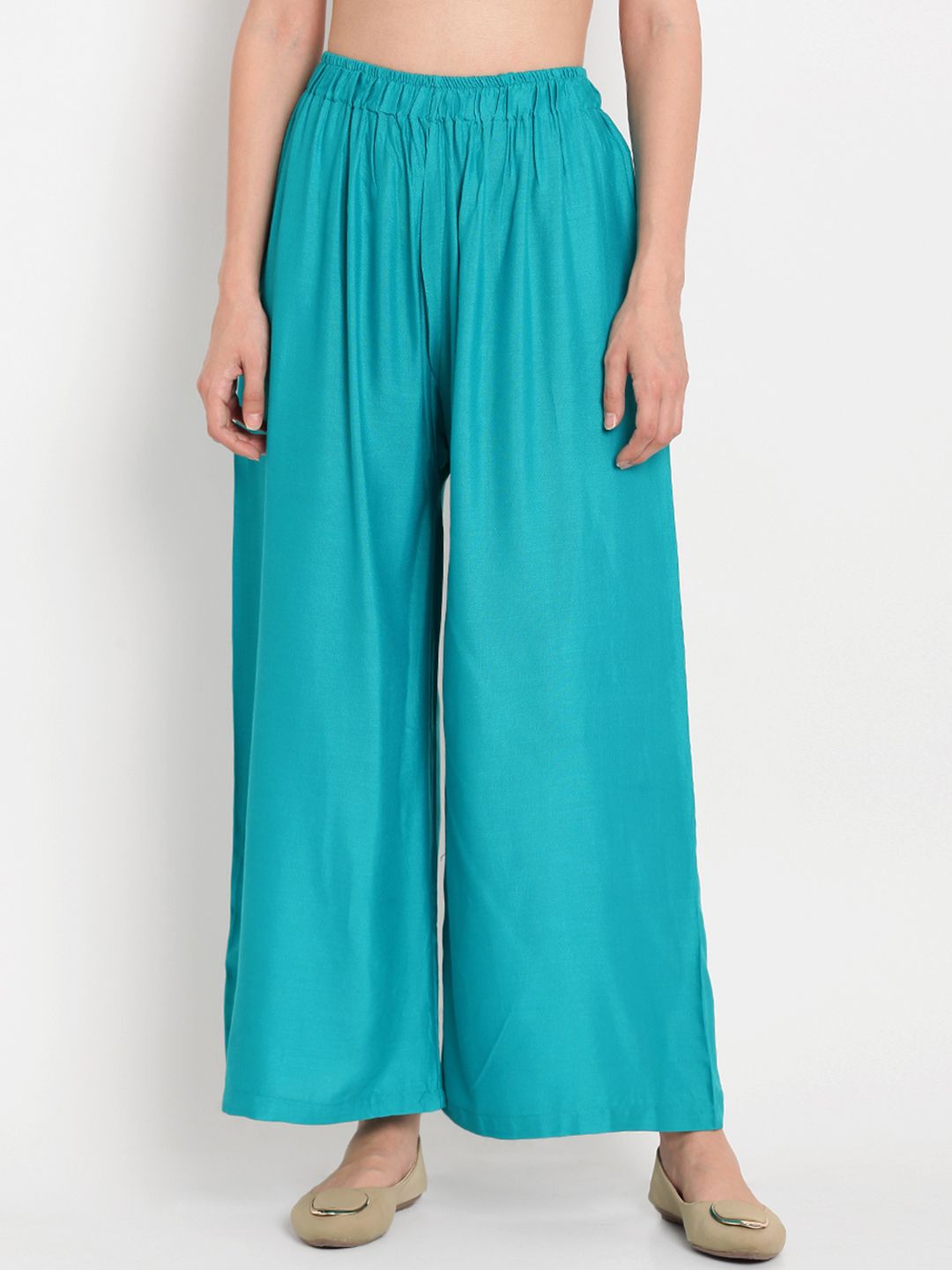 TAG 7 Women Pack Of 2 White & Teal Blue Solid Flared Palazzos - Distacart