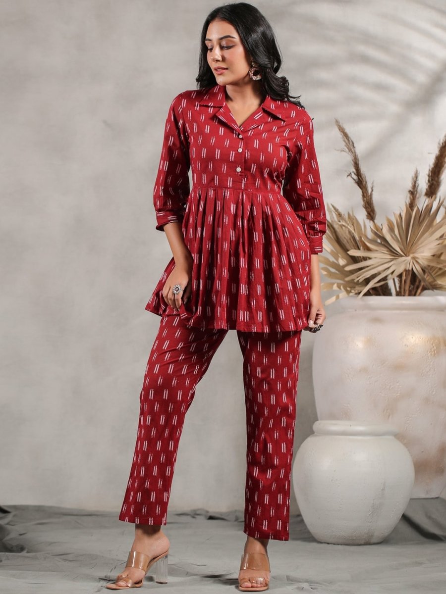 Anubhutee Ethnic Motifs Printed Pleated A-Line Pure Cotton Kurti With Trousers - Distacart