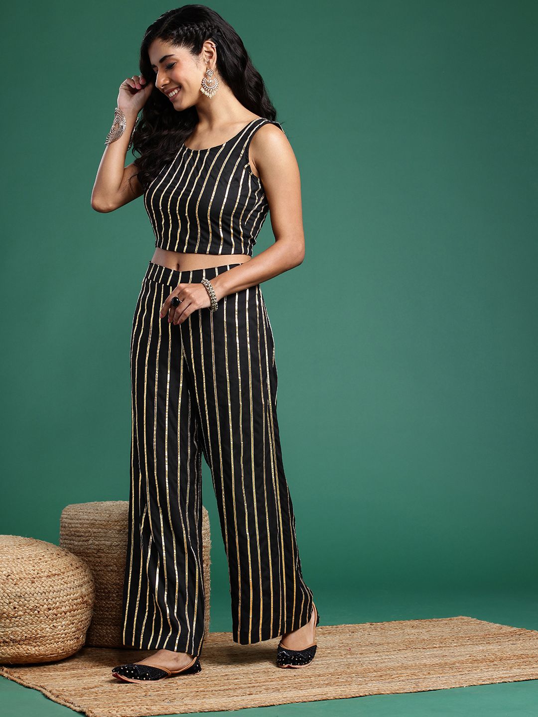 Sangria Lace Detailed Regular Pure Cotton Gotta Patti Top with Palazzos & Semi Sheer Kurta - Distacart