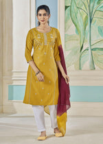 Thumbnail for Jyoti Fashion Women's Mustard Pure Viscose Weaving Stripe with Embroidery Kurta Set - Distacart