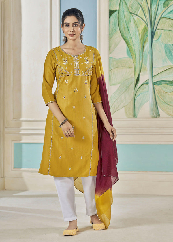 Jyoti Fashion Women's Mustard Pure Viscose Weaving Stripe with Embroidery Kurta Set - Distacart