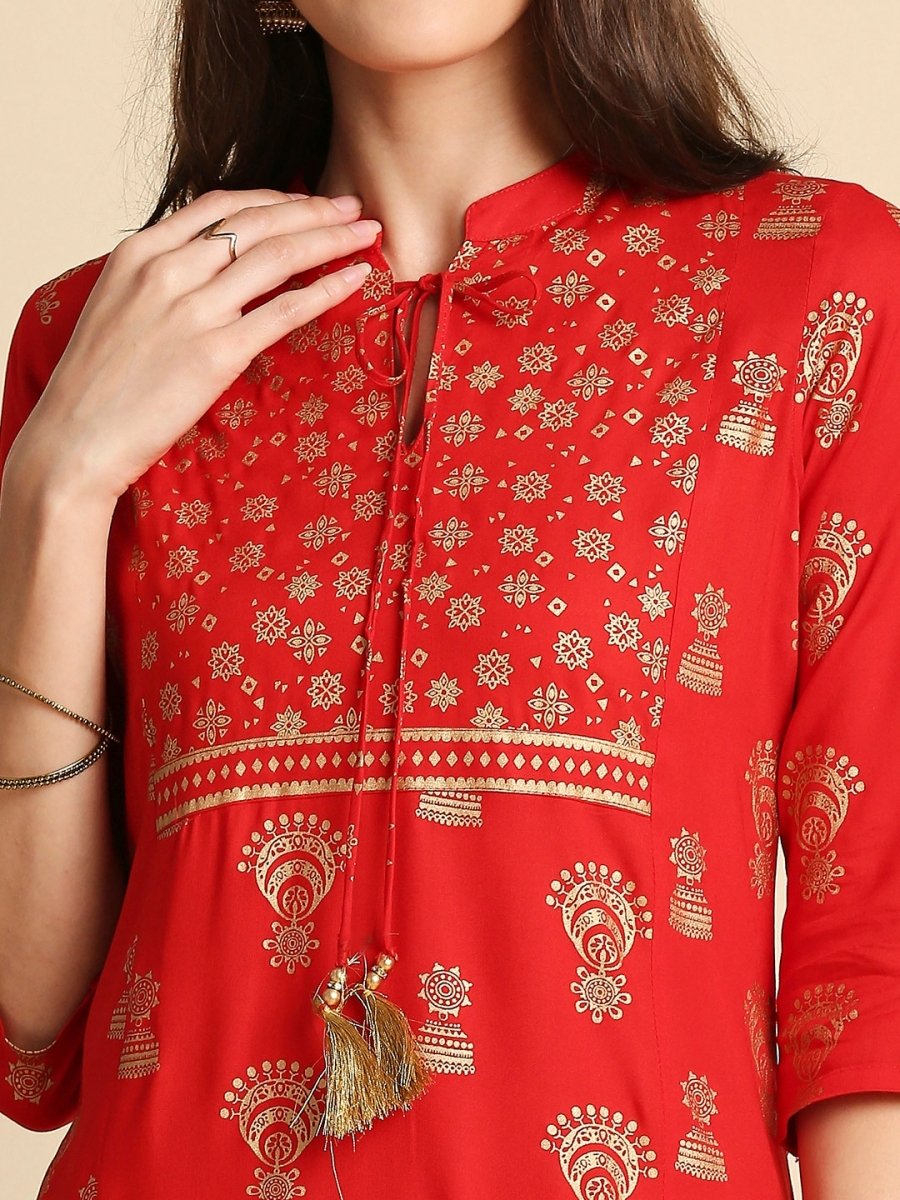 Anubhutee Tie-Neck Ethnic Foil Print Kurta Set - Distacart