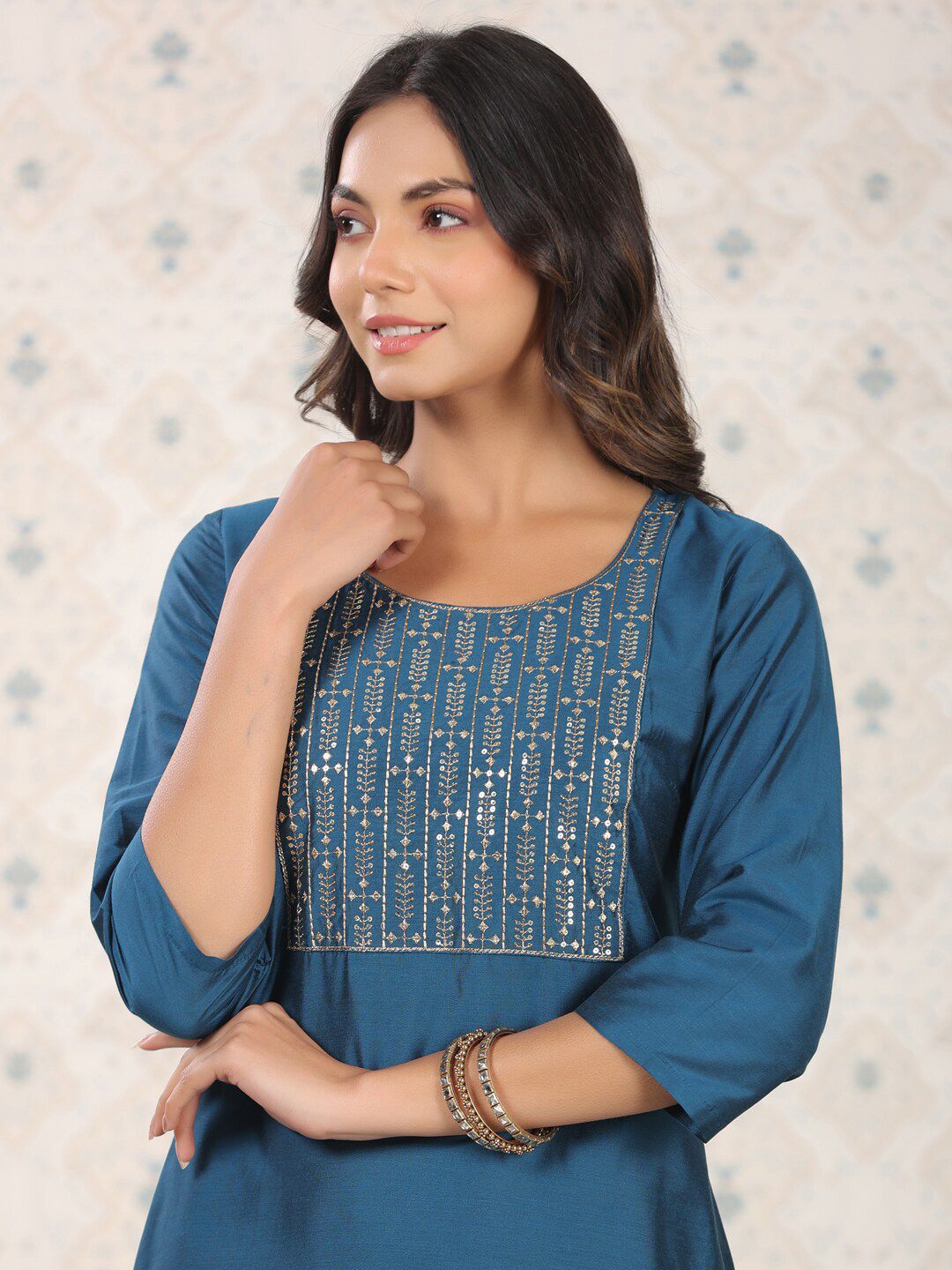 Ode by House of Pataudi Blue Round Neck Embroidered Straight Kurta With Trouser - Distacart