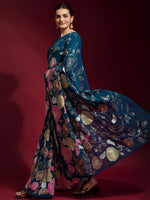 Thumbnail for Anouk Teal Blue & Pink Floral Embroidered Sequinned Pure Georgette Saree - Distacart