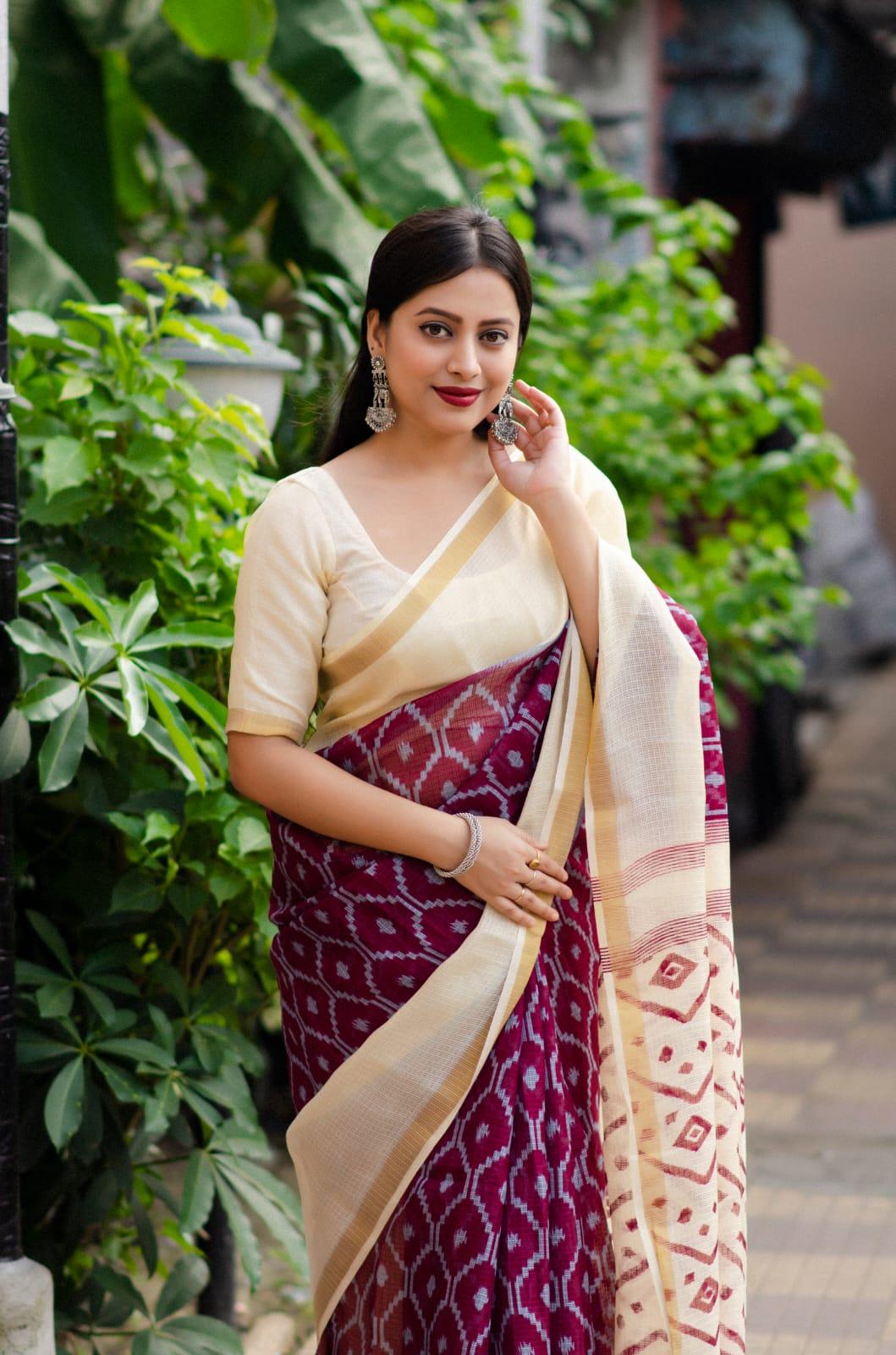 Maroon Polycotton Ethnic Motifs Saree with Unstitched Blouse - Hiral Fashion - Distacart