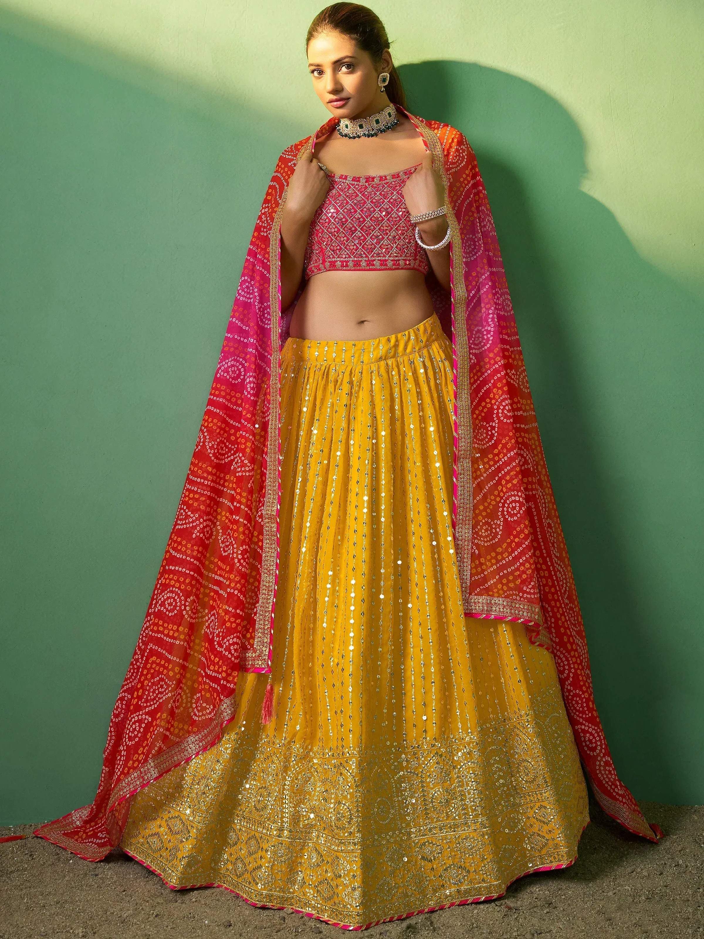 Tulsi Art Alluring Yellow Sequins Georgette Haldi Wear Lehenga Choli With Dupatta - Dista