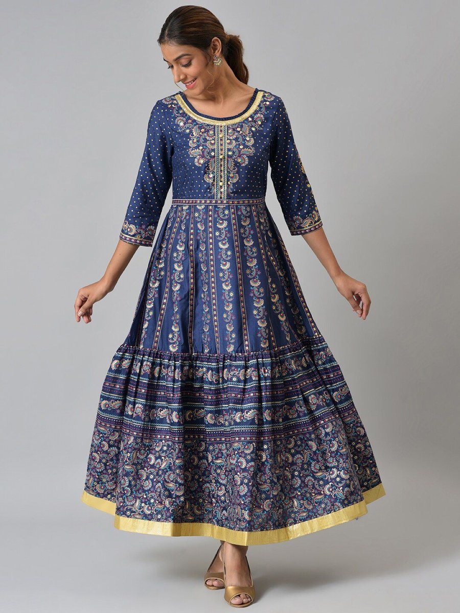 AURELIA Navy Blue Ethnic Motifs Ethnic Maxi Dress