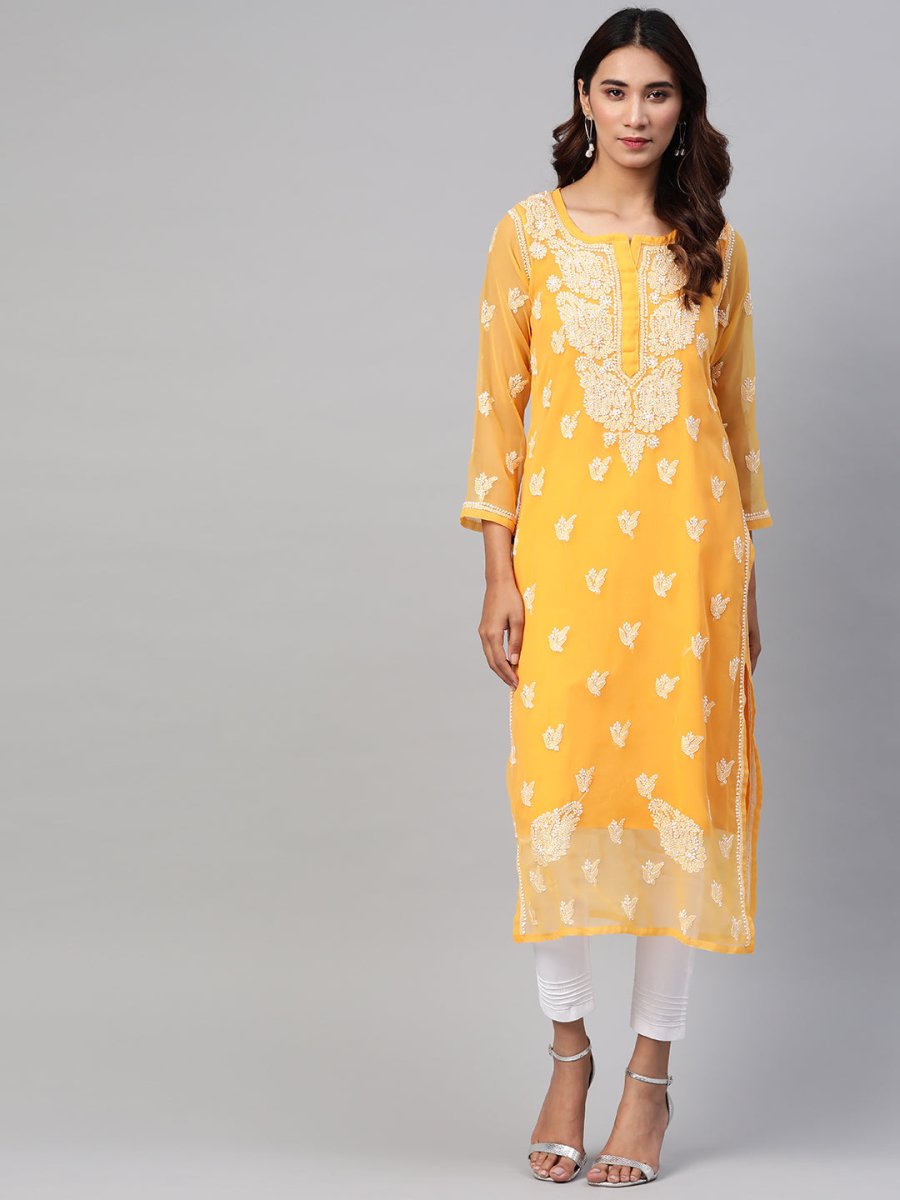 ADA Women Mustard & White Chikankari Embroidered Sustainable Kurta with Trousers & Inner - Distacart