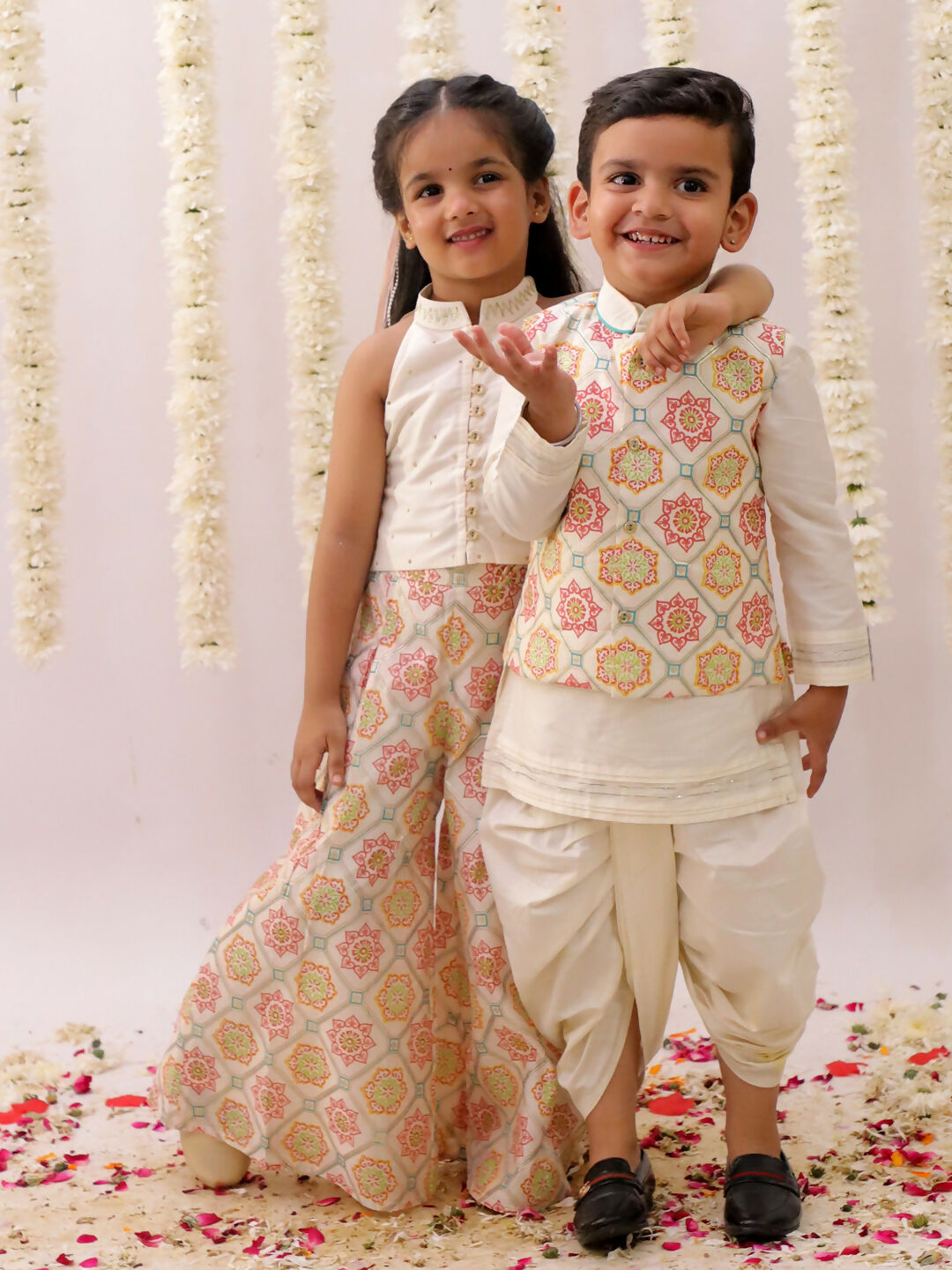 Lil Drama Mishti White Kurta Dhoti and Jacket For Boys