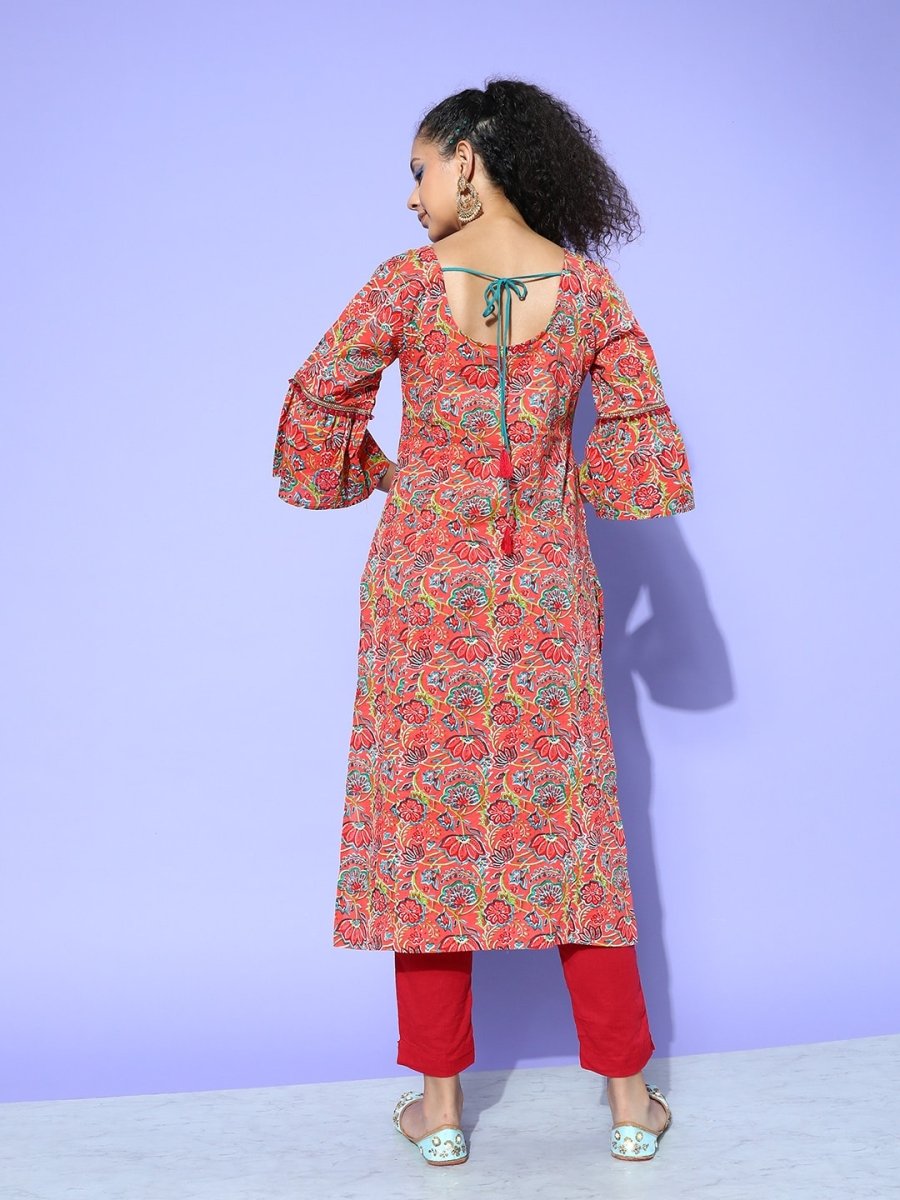 All About You Women Orange & Green Floral Printed Bell Sleeves Gotta Patti Kurta - Distacart