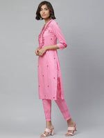 Thumbnail for ADA Women Pink & Red Chikankari Embroidered Sustainable Handloom Kurta with Trousers - Distacart