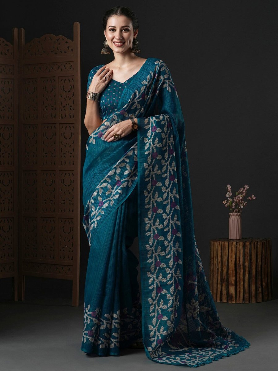 Anouk Teal & White Floral Printed Block Print Saree - Distacart