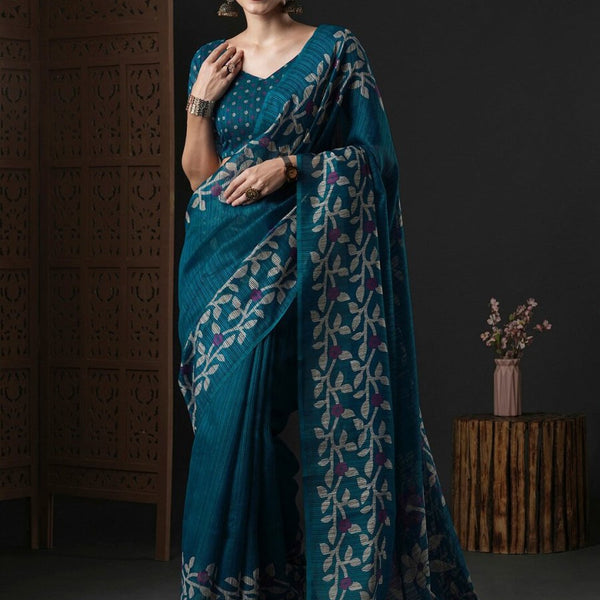 Anouk Teal & White Floral Printed Block Print Saree - Distacart