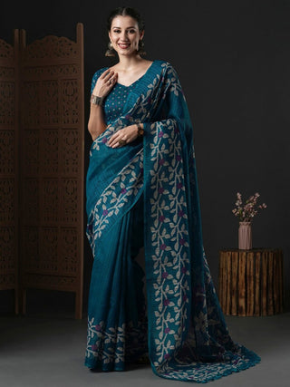 Anouk Teal & White Floral Printed Block Print Saree - Distacart
