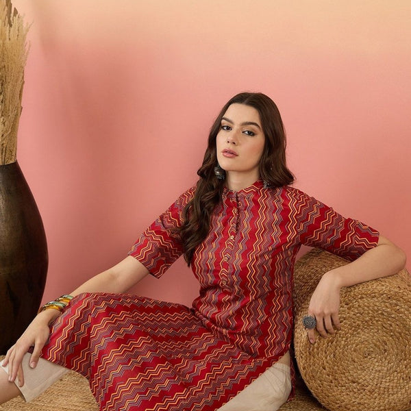 Anouk Red Chevron Printed Mandarin Collar Short Sleeves Cotton Kurta - Distacart