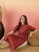 Thumbnail for Anouk Red Chevron Printed Mandarin Collar Short Sleeves Cotton Kurta