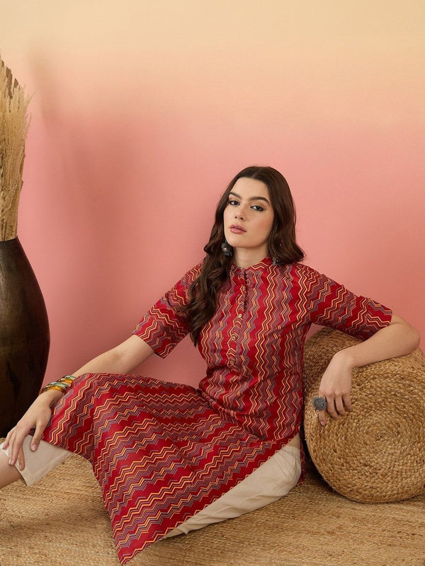 Anouk Red Chevron Printed Mandarin Collar Short Sleeves Cotton Kurta
