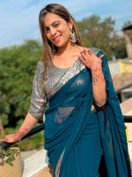 Thumbnail for Anouk Teal Blue Sequinned Pure Georgette Saree - Distacart