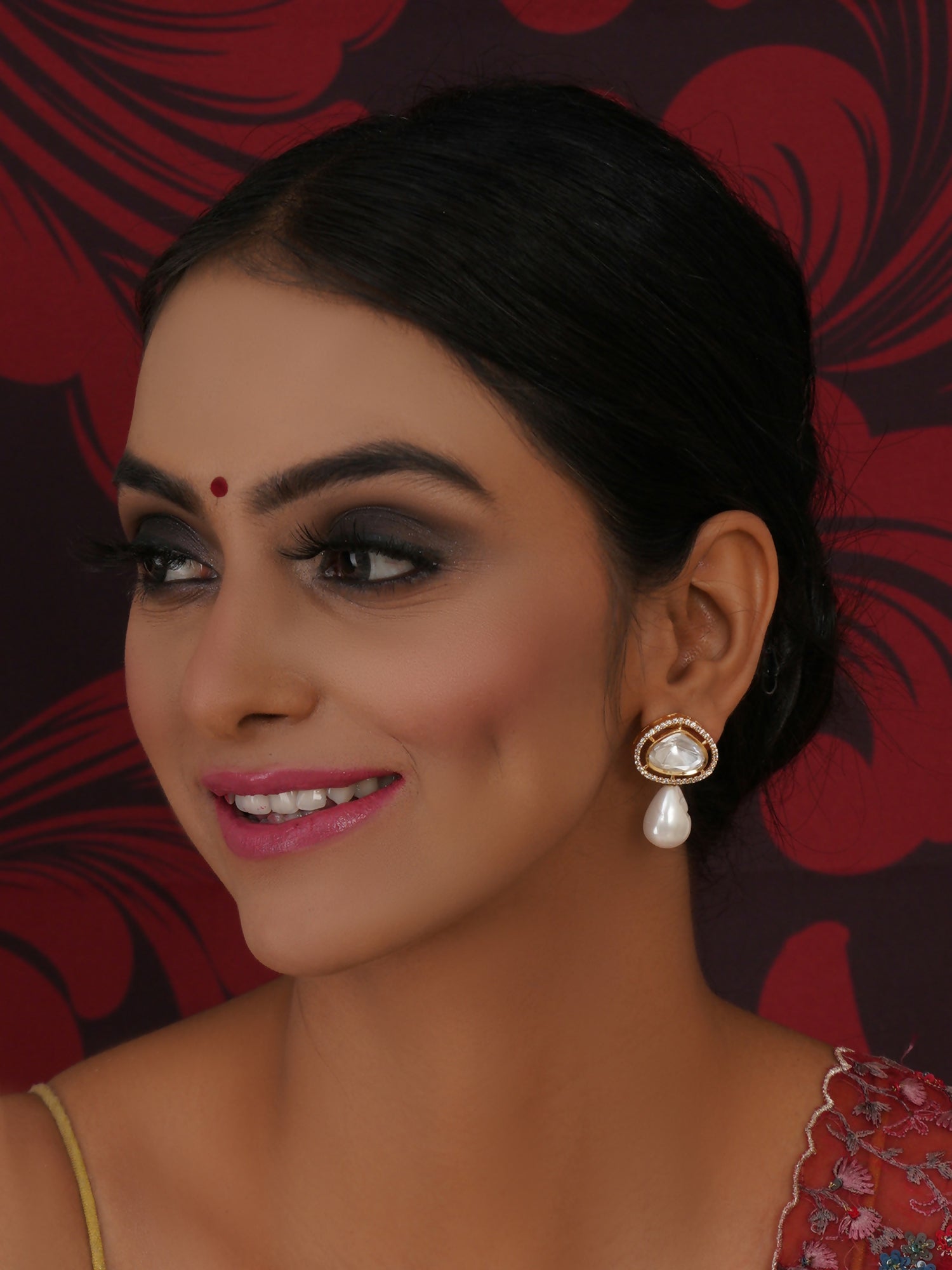 Kundan Studs with Pearl Drop (Gold) - Ruby Raang - Distacart