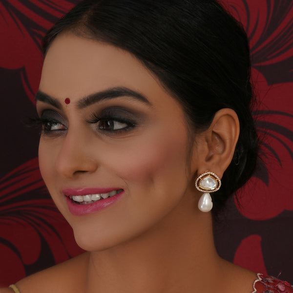 Kundan Studs with Pearl Drop (Gold) - Ruby Raang - Distacart