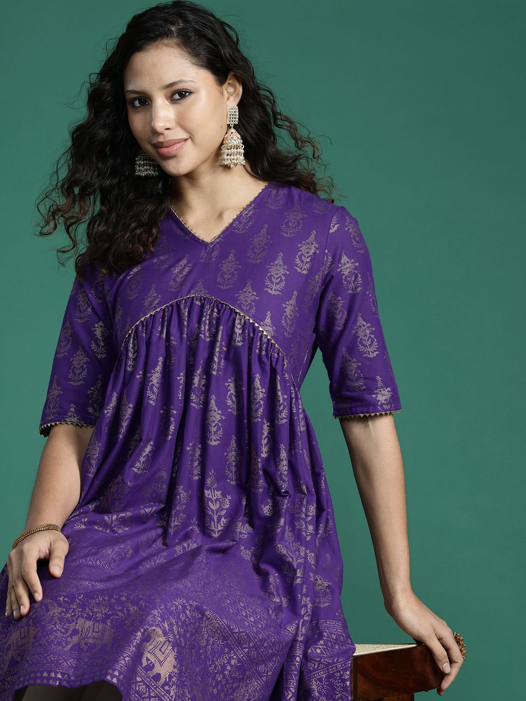 Sangria Ethnic Motifs Print Gotta Patti Pure Cotton Anarkali Kurta - Distacart