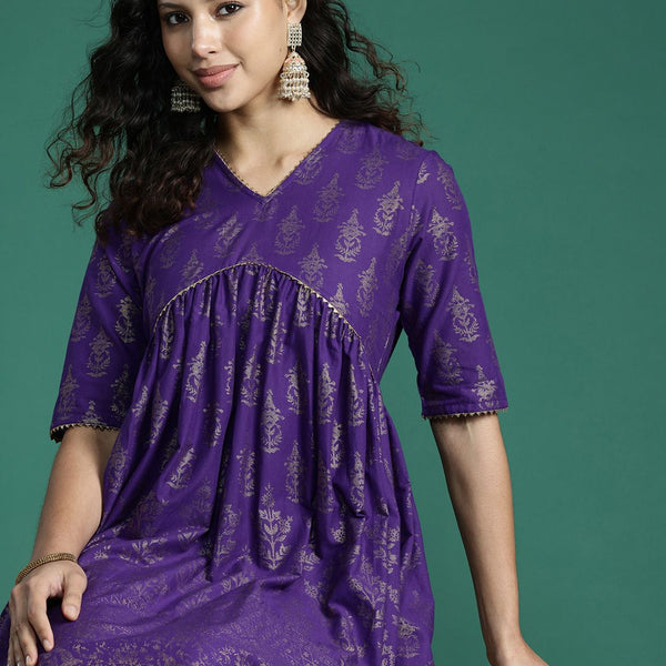 Sangria Ethnic Motifs Print Gotta Patti Pure Cotton Anarkali Kurta - Distacart