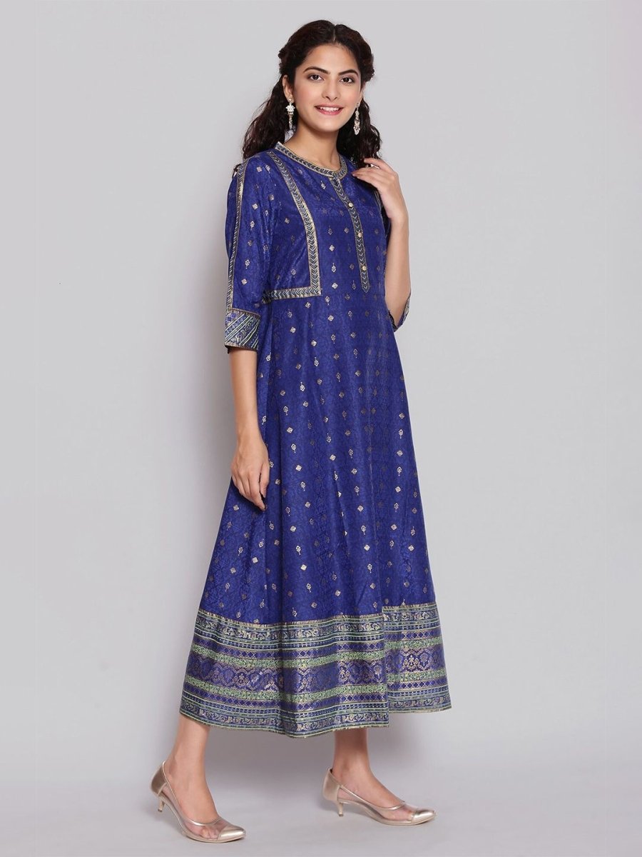 AURELIA Blue & Gold-Toned Ethnic Motifs Ethnic A-Line Midi Dress