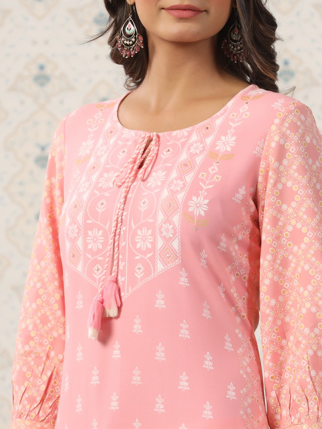 Ode by House of Pataudi Ethnic Motif Printed Tie Up Neck A-Line Kurta With Trousers - Distacart