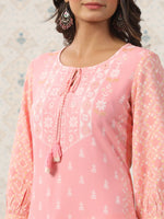 Thumbnail for Ode by House of Pataudi Ethnic Motif Printed Tie Up Neck A-Line Kurta With Trousers - Distacart