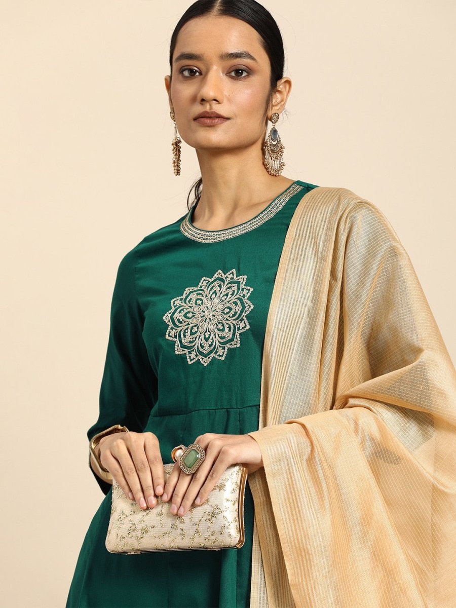 All About You Women Teal Green Embroidered Kurta with Dupatta - Distacart