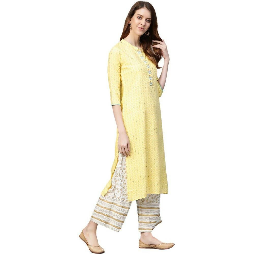 Anubhutee Women's Rayon Regular Printed Yellow Kurta with Palazzo - Distacart