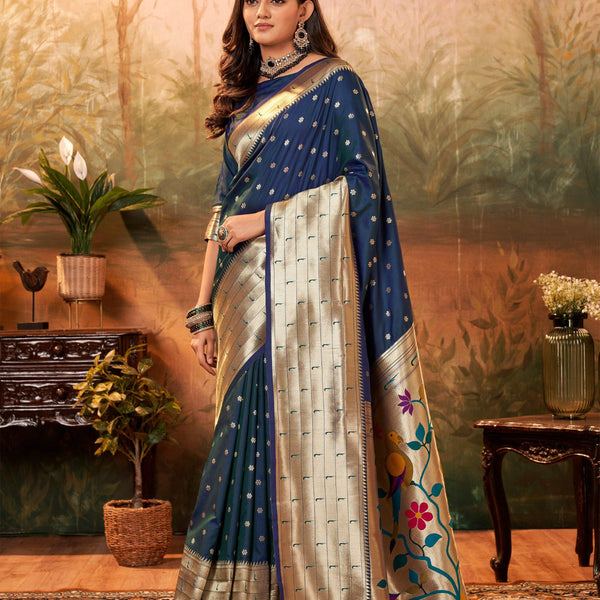 Anaita Navy Blue Designer Zari Weaving Pure Paithani Silk Saree With Blouse - Distacart