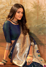 Thumbnail for Anaita Navy Blue Designer Zari Weaving Pure Paithani Silk Saree With Blouse - Distacart